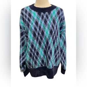 Aerie blue green argyle crew neck super soft, fuzzy flurry fabric, oversized fit